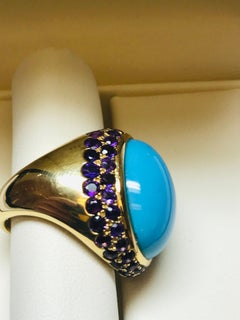 Jean Vitau 18 Karat Cabochon Turquoise and Amethyst Bold Fashion Ring