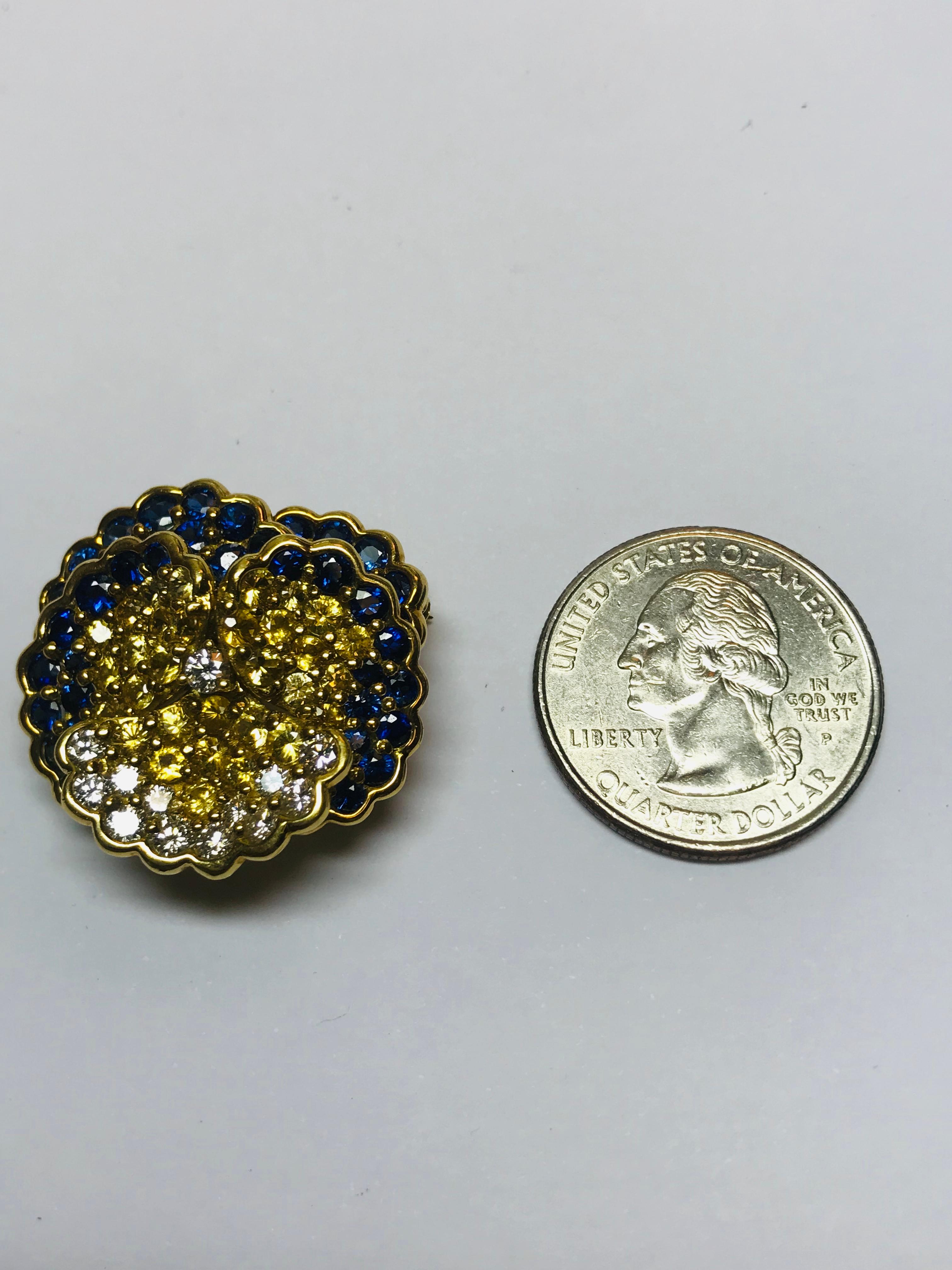 Jean Vitau 18 Karat Diamond, Blue & Yellow Sapphire Pansy Flower Brooch/ Pendant In New Condition For Sale In New York, NY