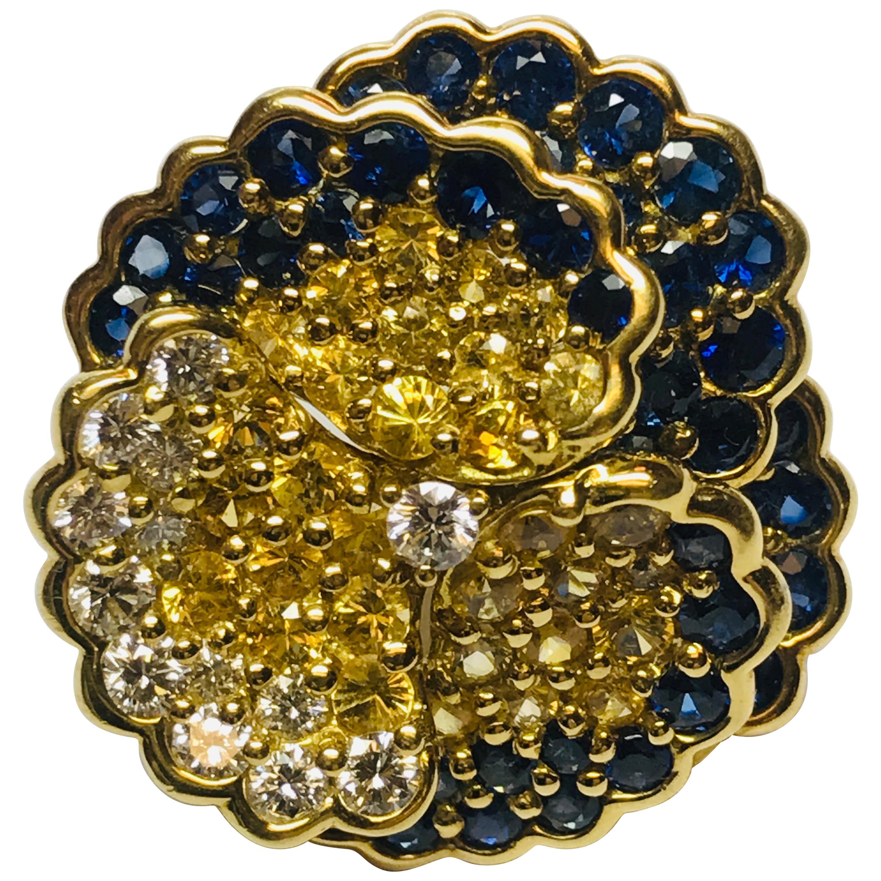 Jean Vitau 18 Karat Diamond, Blue & Yellow Sapphire Pansy Flower Brooch/ Pendant For Sale