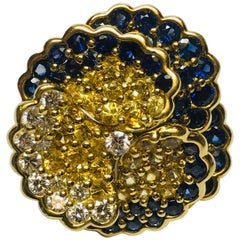 Jean Vitau 18 Karat Diamond, Blue & Yellow Sapphire Pansy Flower Brooch/ Pendant
