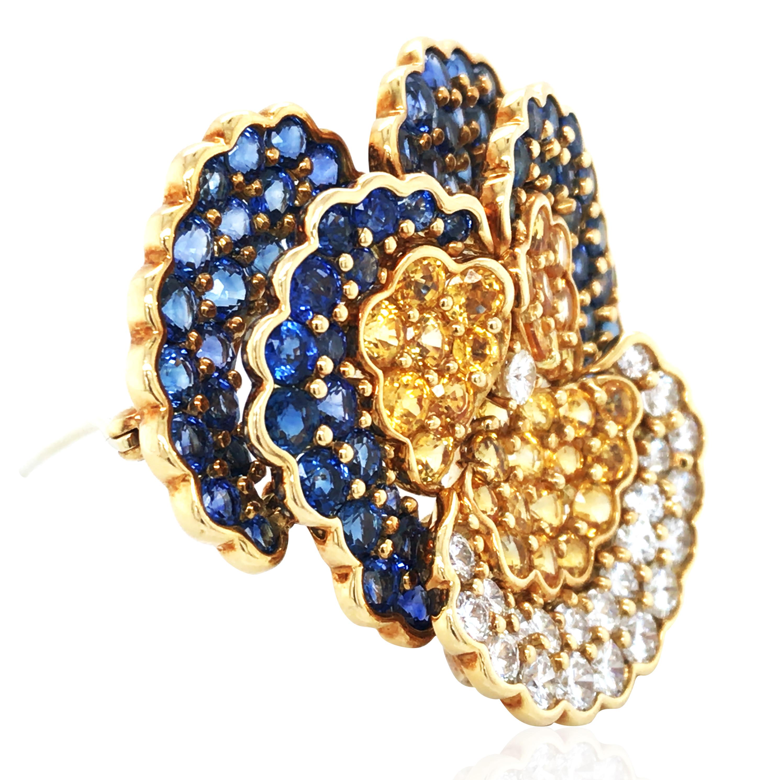 Diamonds total approx. 1.59ct. Blue and yellow sapphires total approx. 6.680ct. 

Weight: 28.67 grams
Measurement: 4 x 4cm
Stamp: 