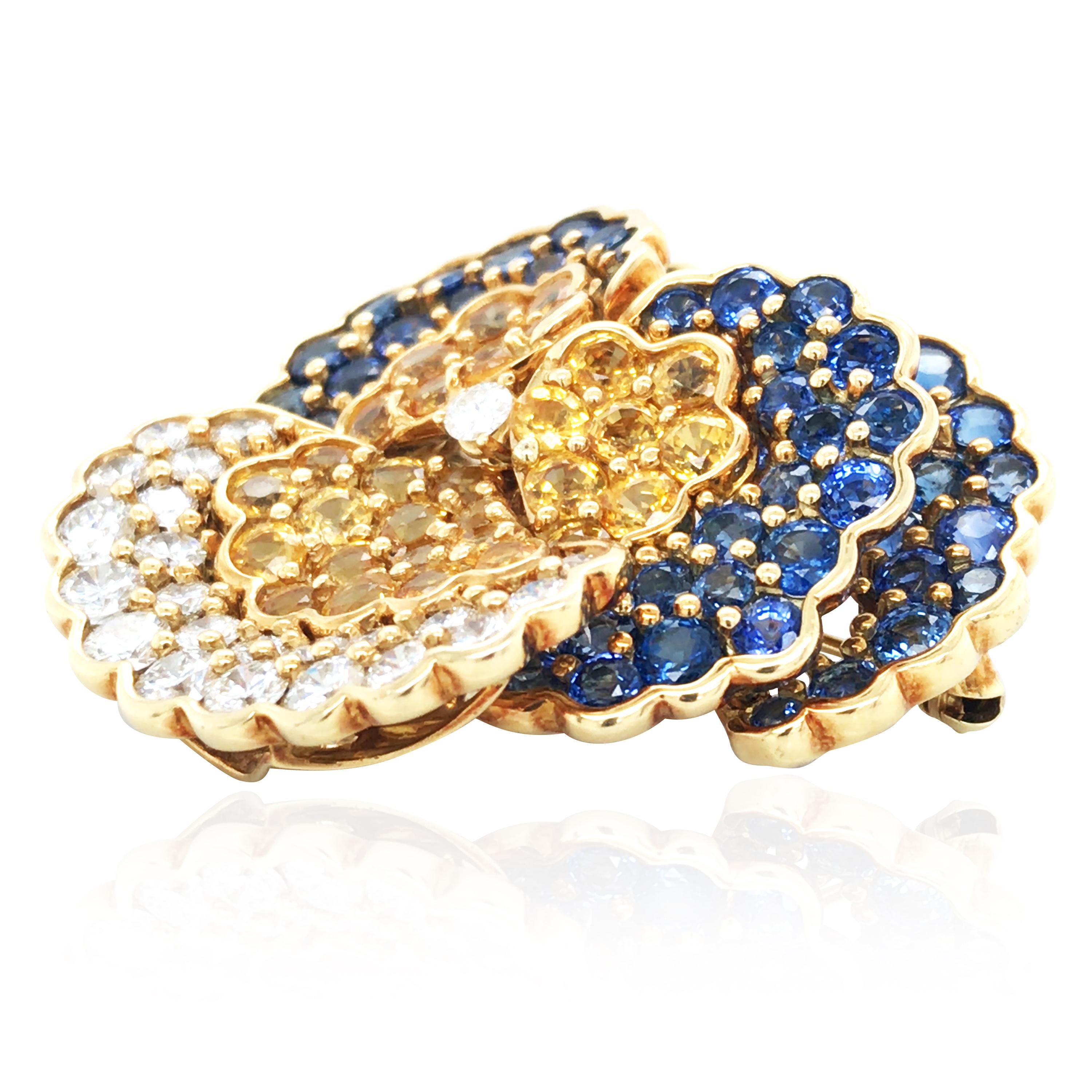 Jean Vitau, 18K Gold Sapphire Diamond Pansy Brooch In Good Condition For Sale In New York, NY