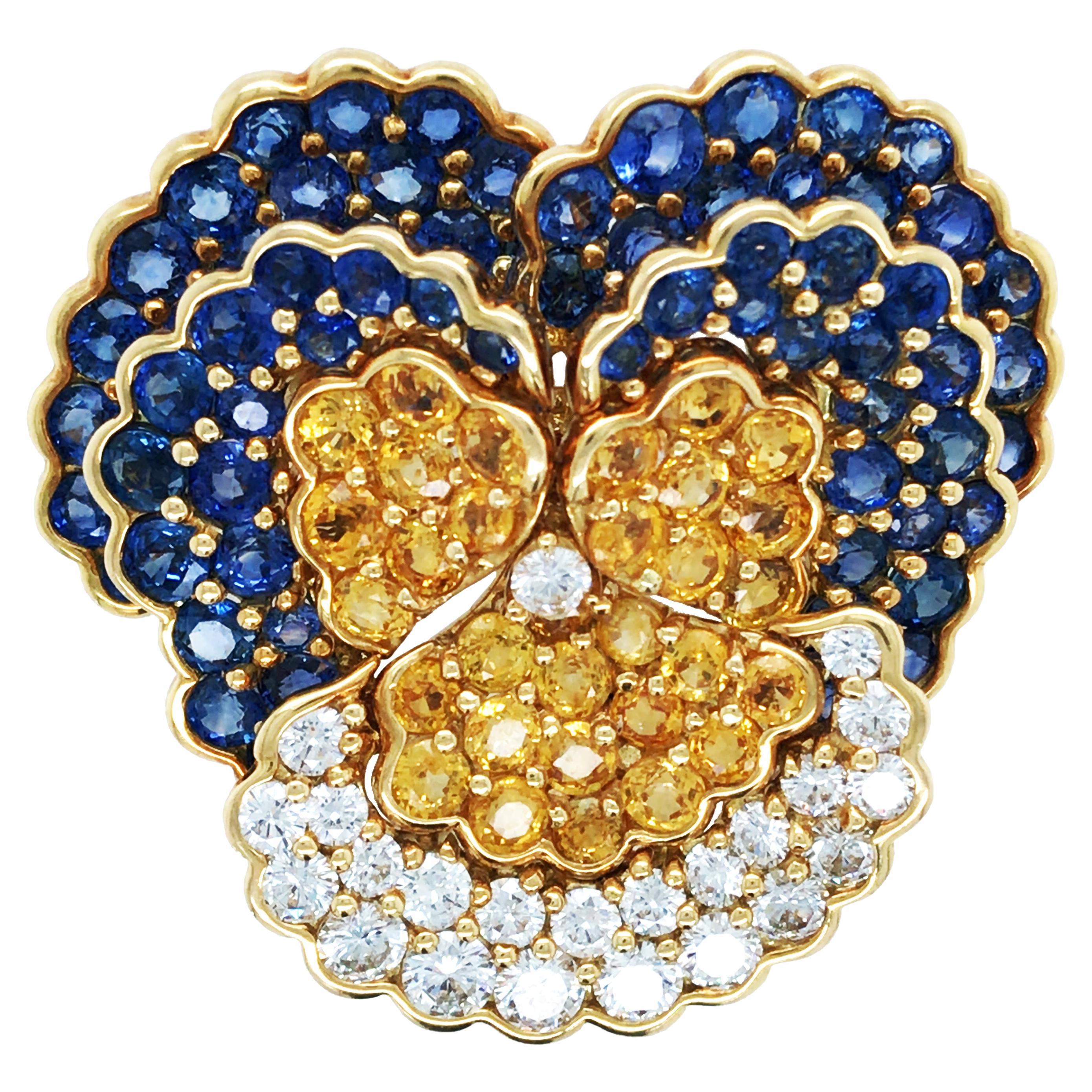 Jean Vitau, 18K Gold Sapphire Diamond Pansy Brooch