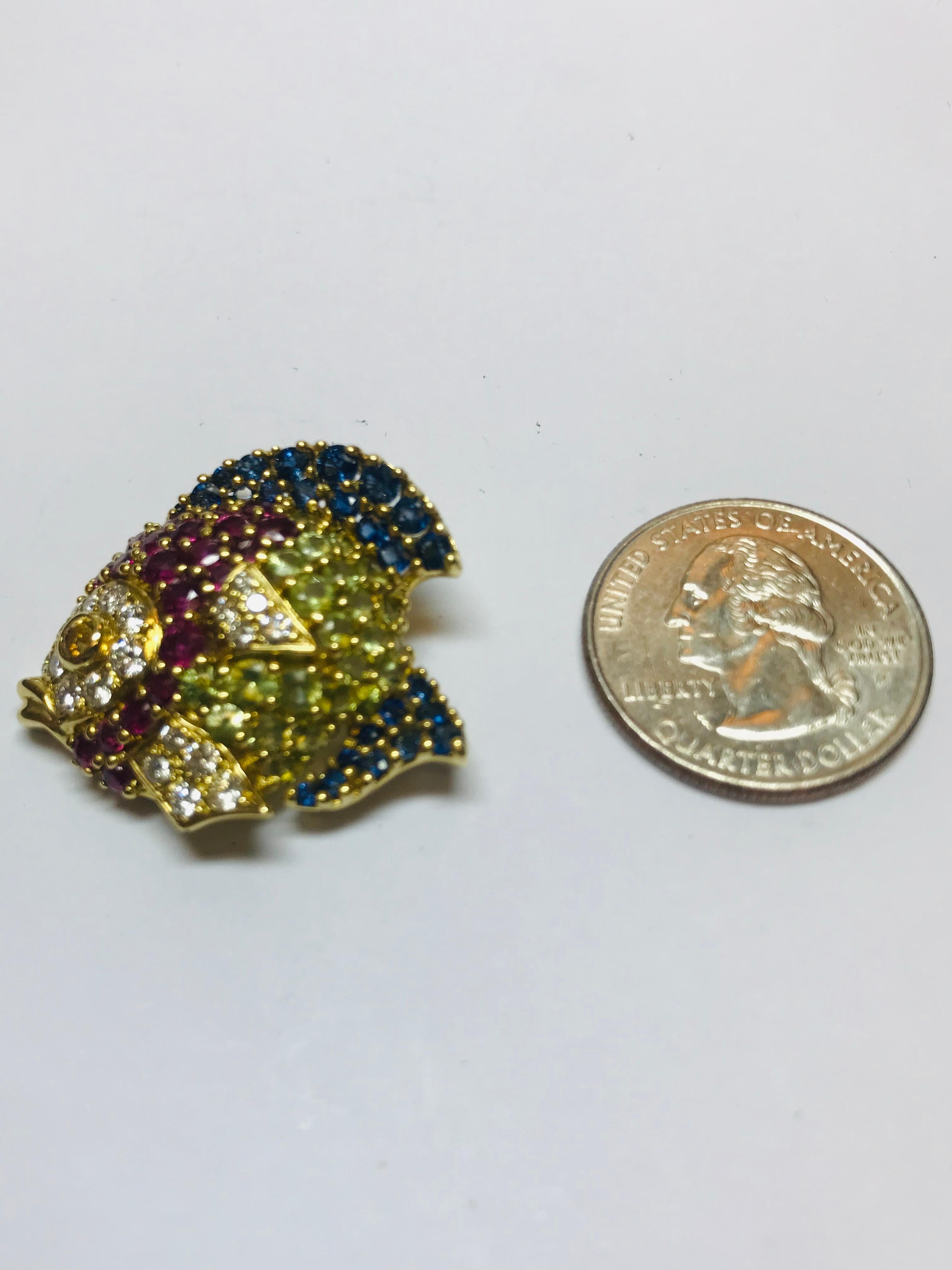 Brilliant Cut Jean Vitau 18 Karat Multicolored Stone Fish Brooch For Sale