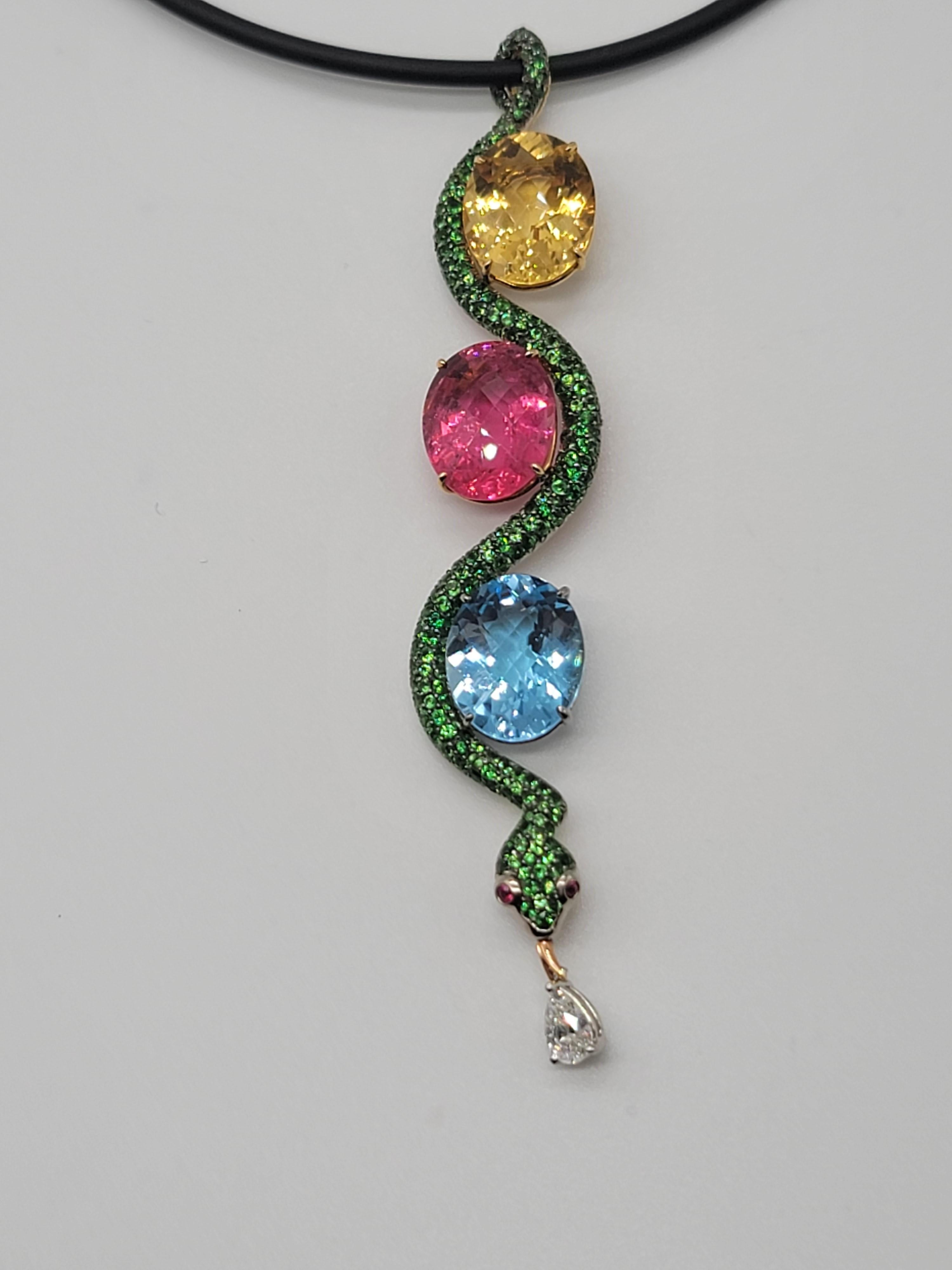 Jean Vitau 18K Oxidized White Gold Multi Stone Snake Pendant with Rubber Chord In New Condition For Sale In New York, NY