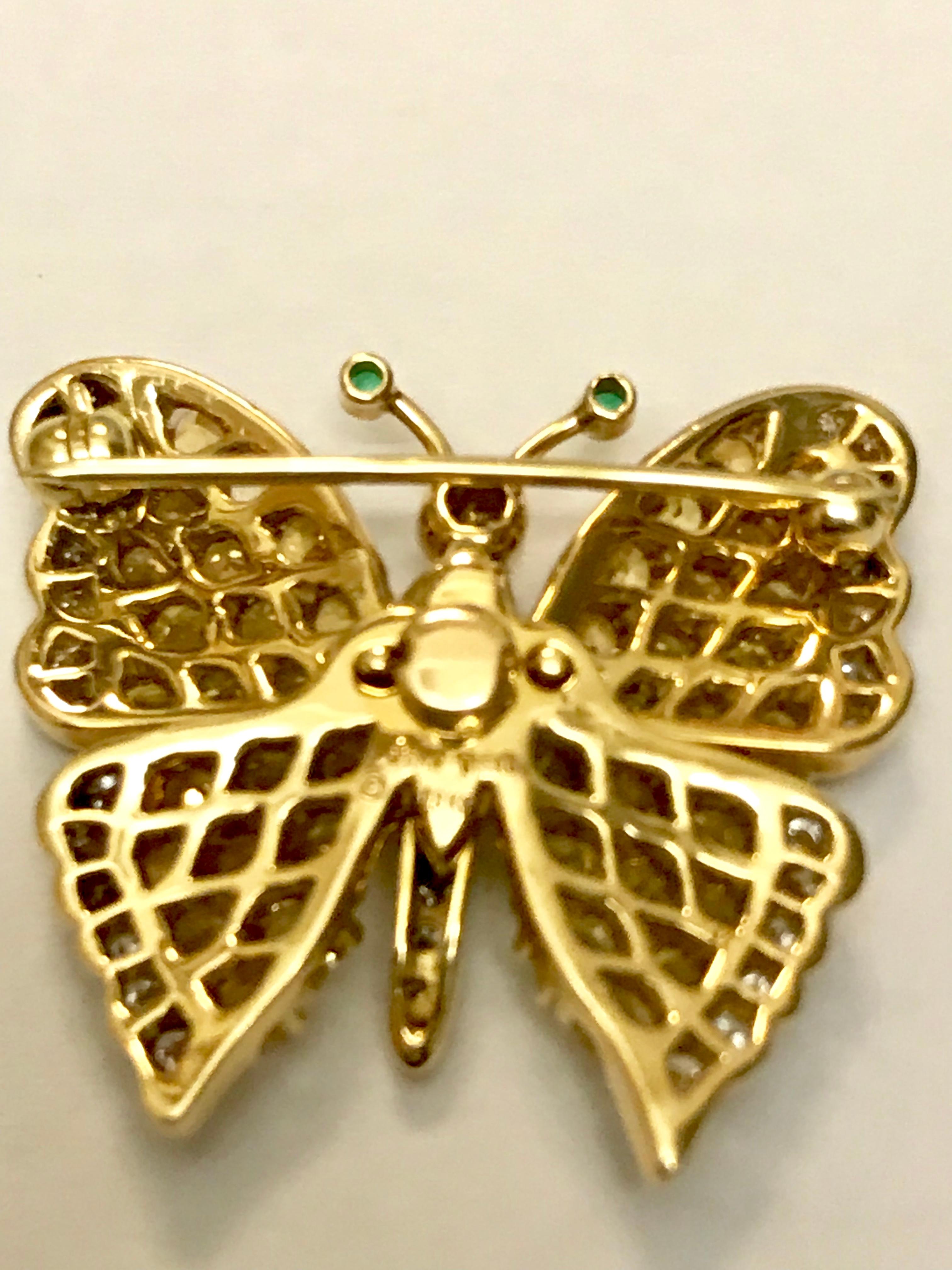 Modern Jean Vitau 18 Karat Pink Garnet & Diamond Butterfly Brooch with Emerald Antennae For Sale