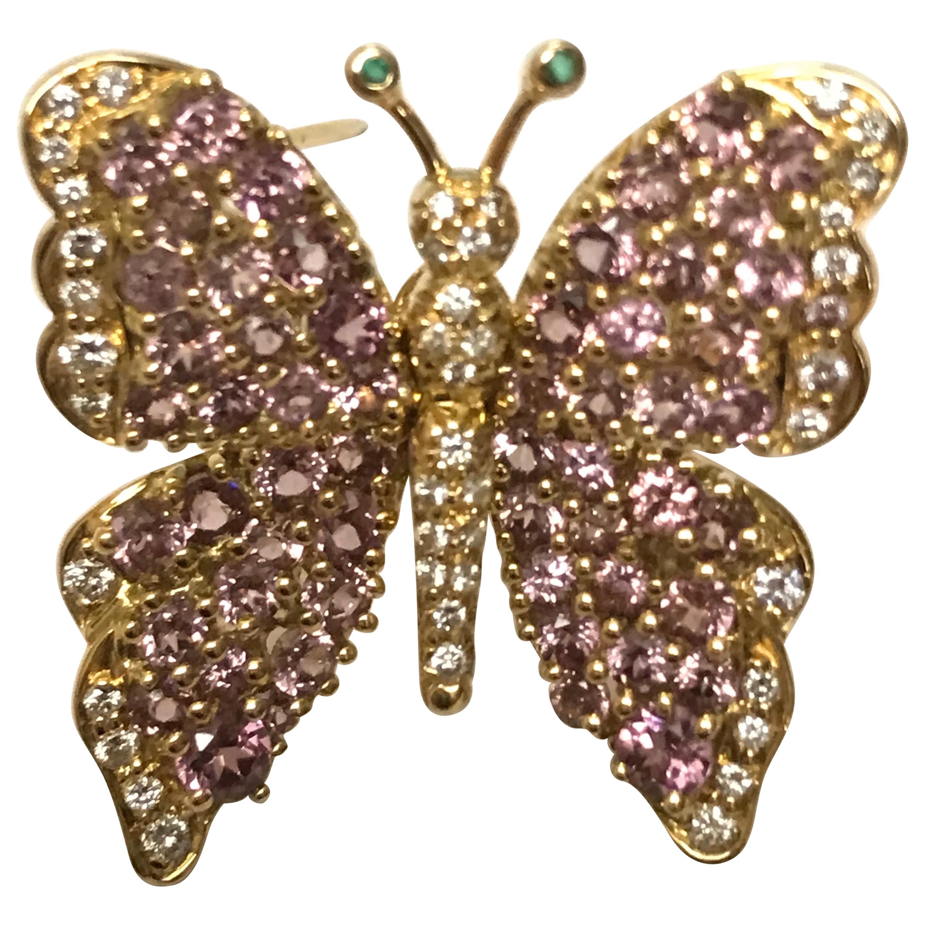 Jean Vitau 18 Karat Pink Garnet & Diamond Butterfly Brooch with Emerald Antennae For Sale