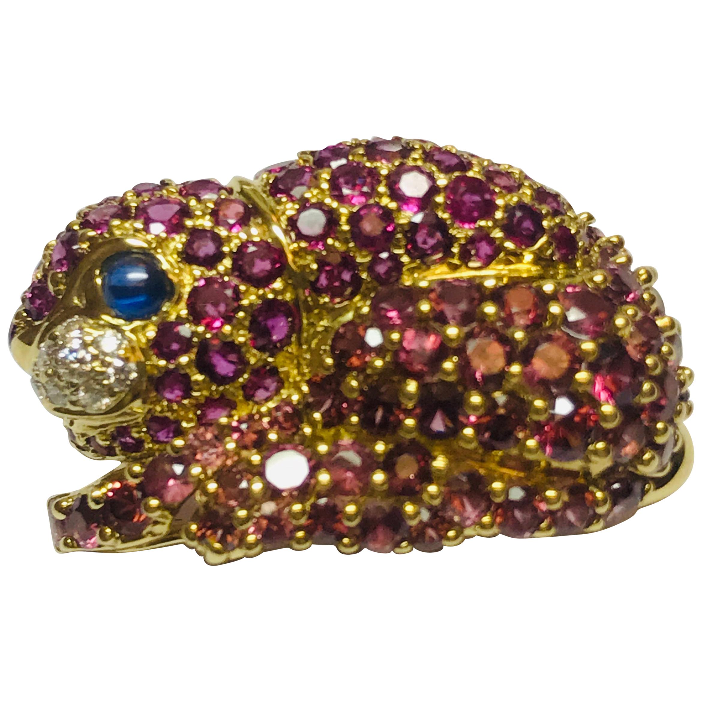 Jean Vitau 18K Pink Garnet, Ruby, Diamond & Blue Sapphire Rabbit Brooch/ Pendant For Sale