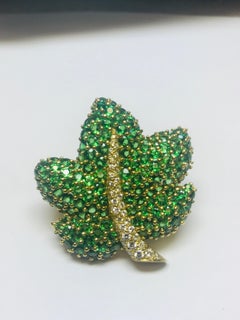 Jean Vitau 18 Karat Tsavorite Garnet and Diamond Maple Leaf Brooch