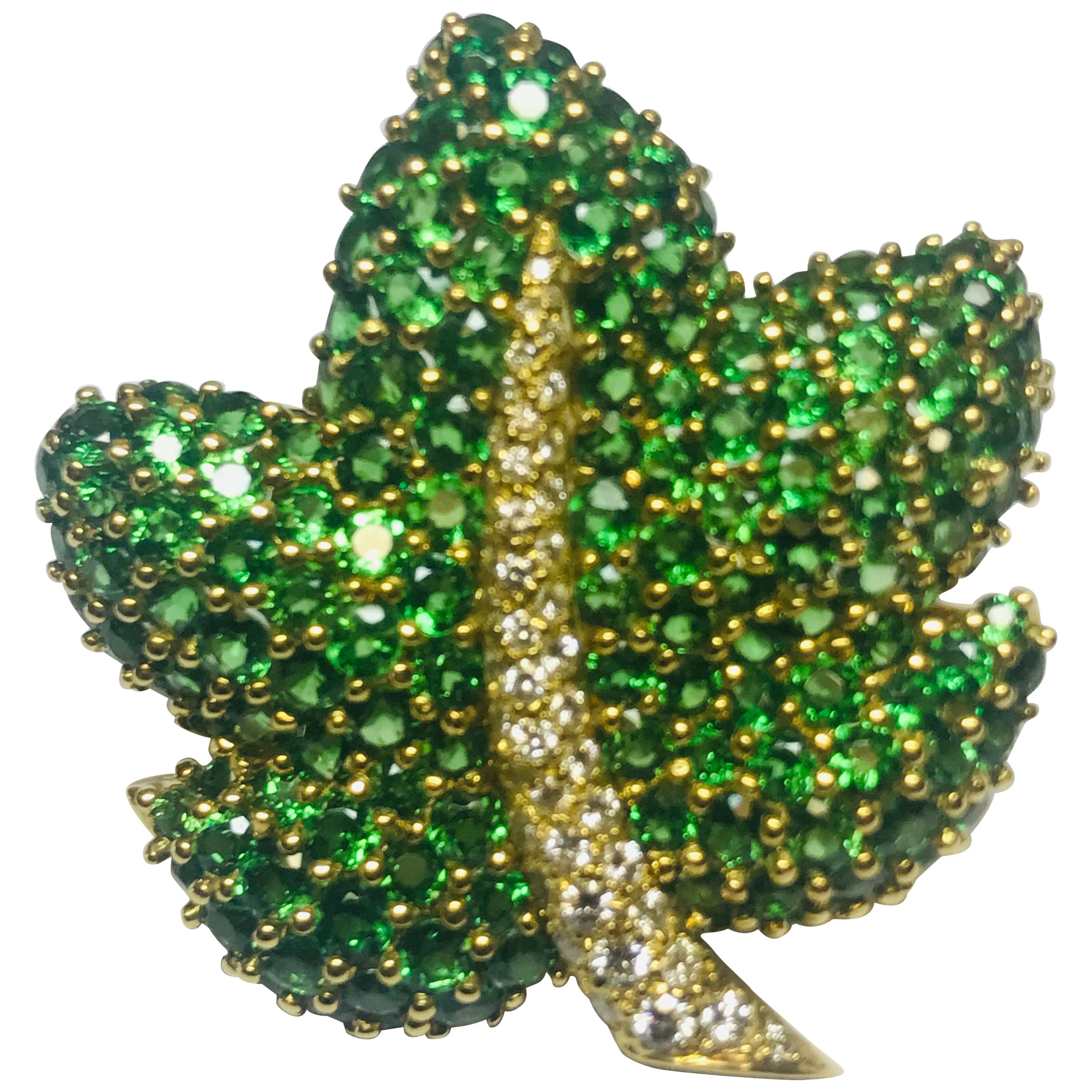 Jean Vitau 18 Karat Tsavorite Garnet and Diamond Maple Leaf Brooch For Sale