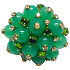 Jean Vitau 18 Karat Yellow Gold Chrysoprase, Green Tourmaline and Diamond Brooch