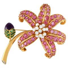 Jean Vitau 18K Yellow Gold Diamond, Sapphire, Amethyst, and Tsavorite Brooch