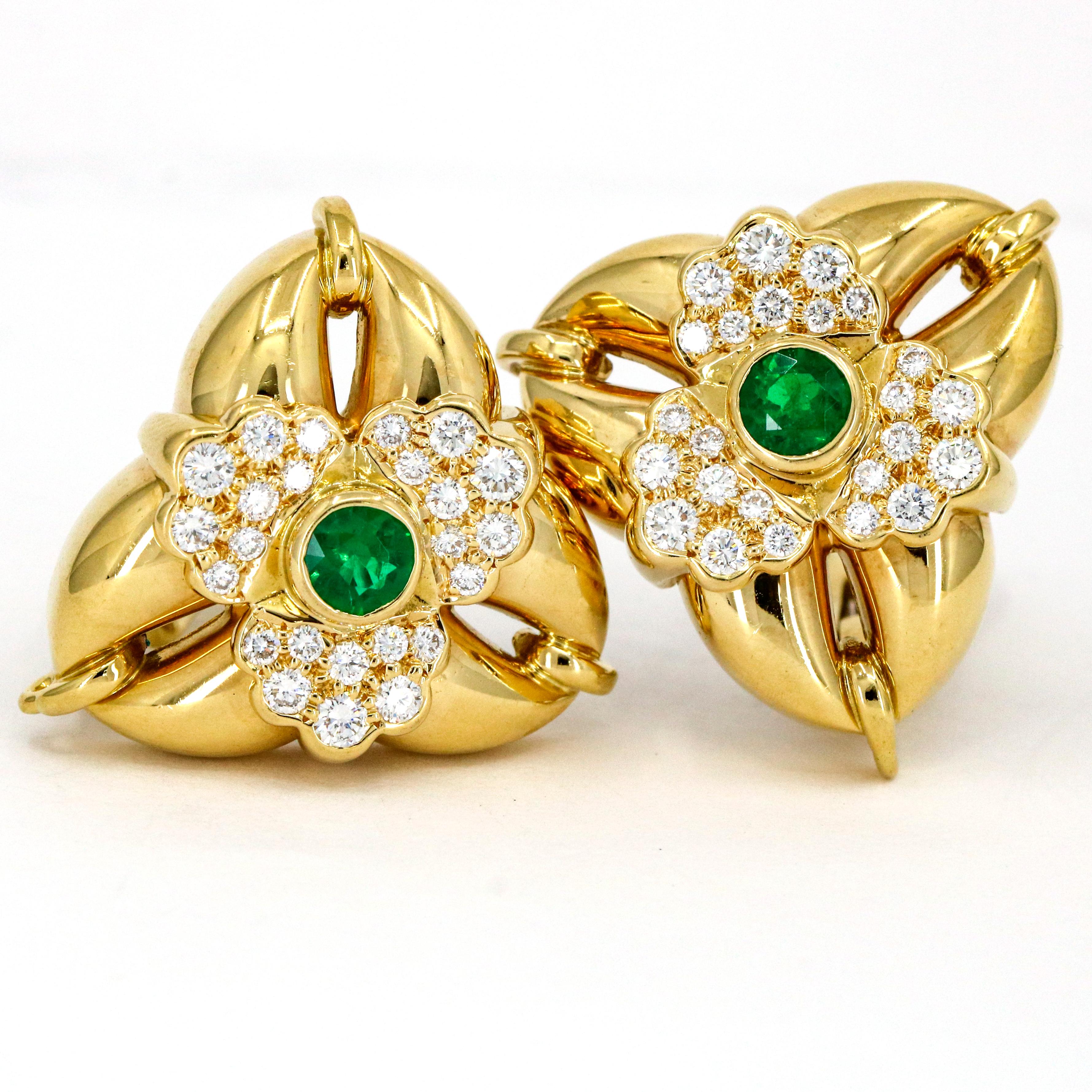 Round Cut Jean Vitau 18 Karat Yellow Gold Emerald Diamond Trillium Flower Earrings For Sale