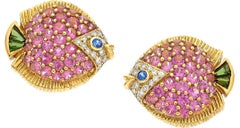 Jean Vitau 18k Yellow Gold Gemstone Fish Ear Clips Gorgeous!