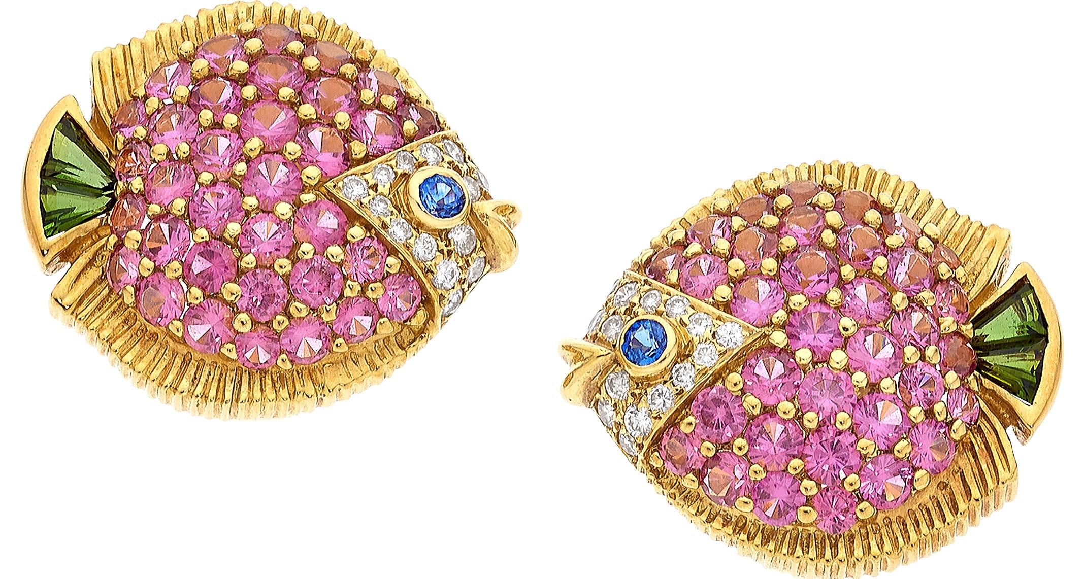 Round Cut Jean Vitau 18k Yellow Gold Gemstone Fish Ear Clips Gorgeous! For Sale