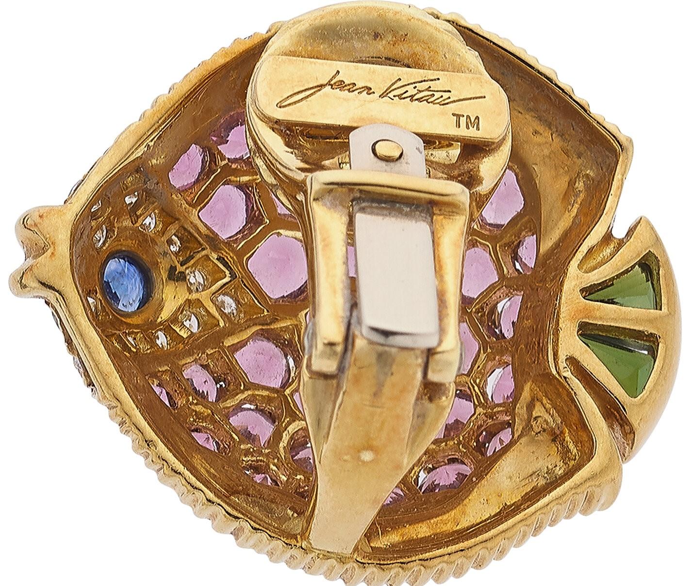 Jean Vitau 18k Yellow Gold Gemstone Fish Ear Clips Gorgeous! In Good Condition For Sale In Sherman Oaks, CA