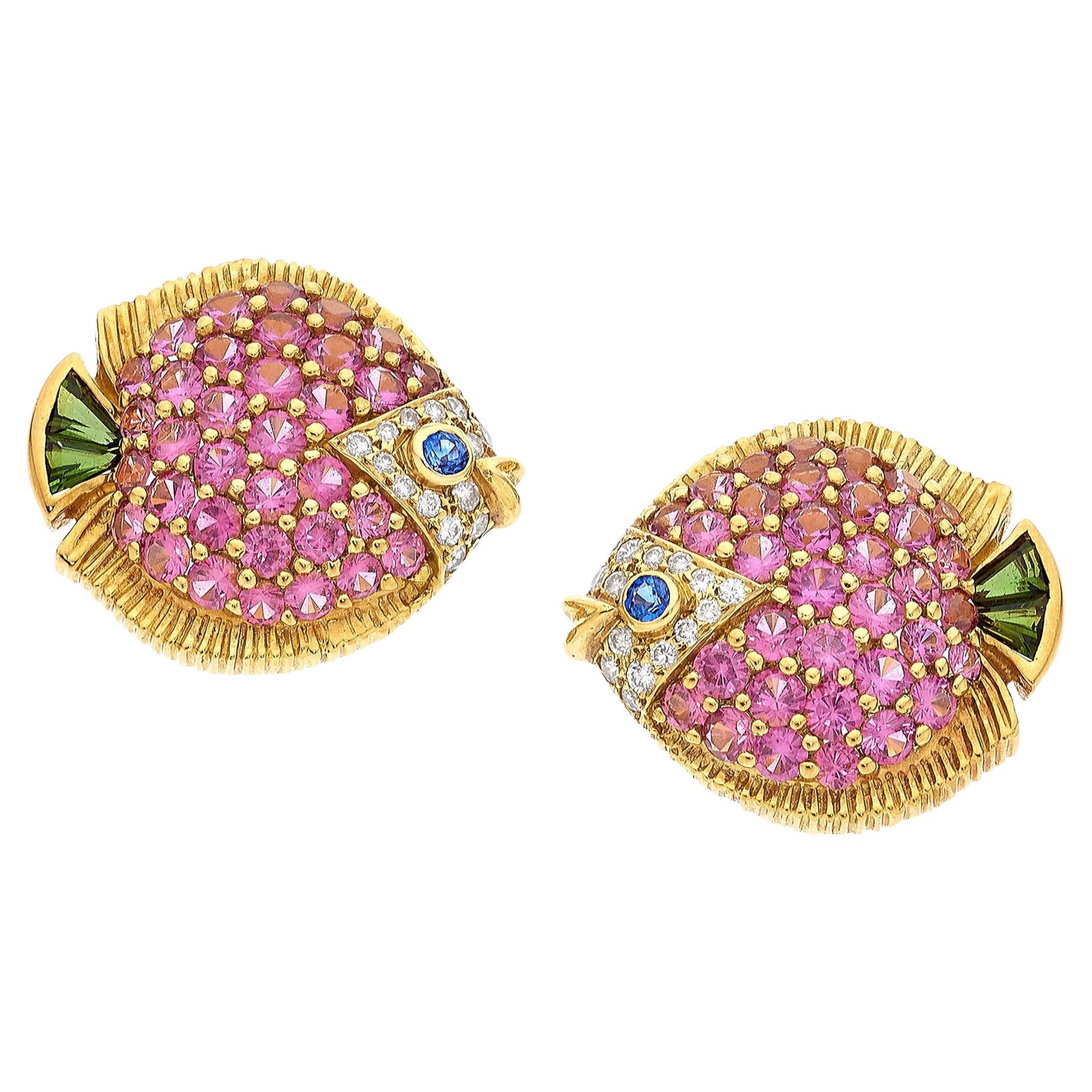 Jean Vitau 18k Yellow Gold Gemstone Fish Ear Clips Gorgeous! For Sale