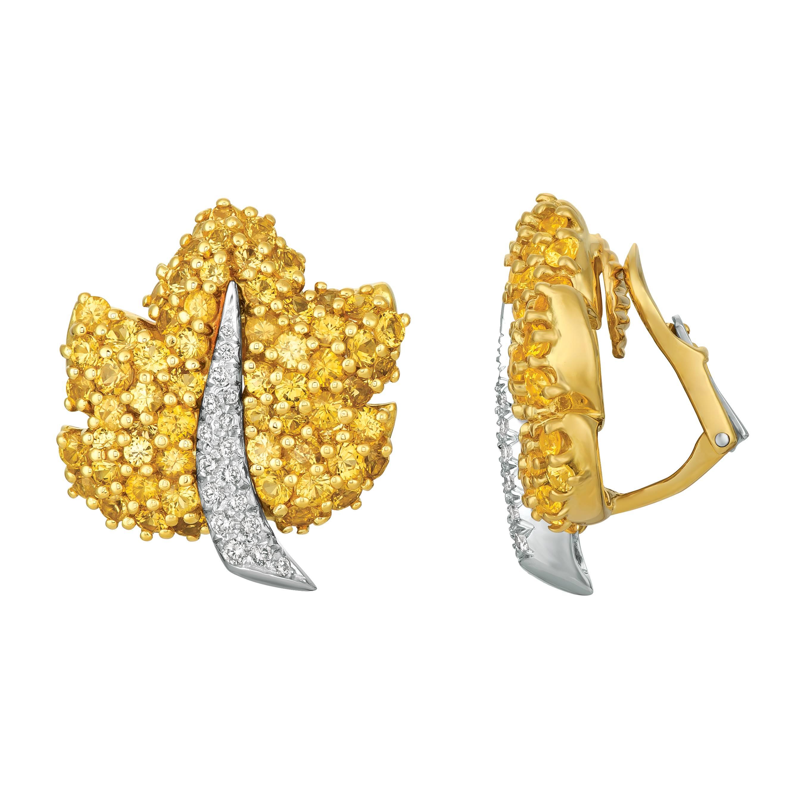 Jean Vitau 18K Yellow Gold & Platinum Yellow Sapphire and Diamond Leaf Earrings In New Condition For Sale In New York, NY