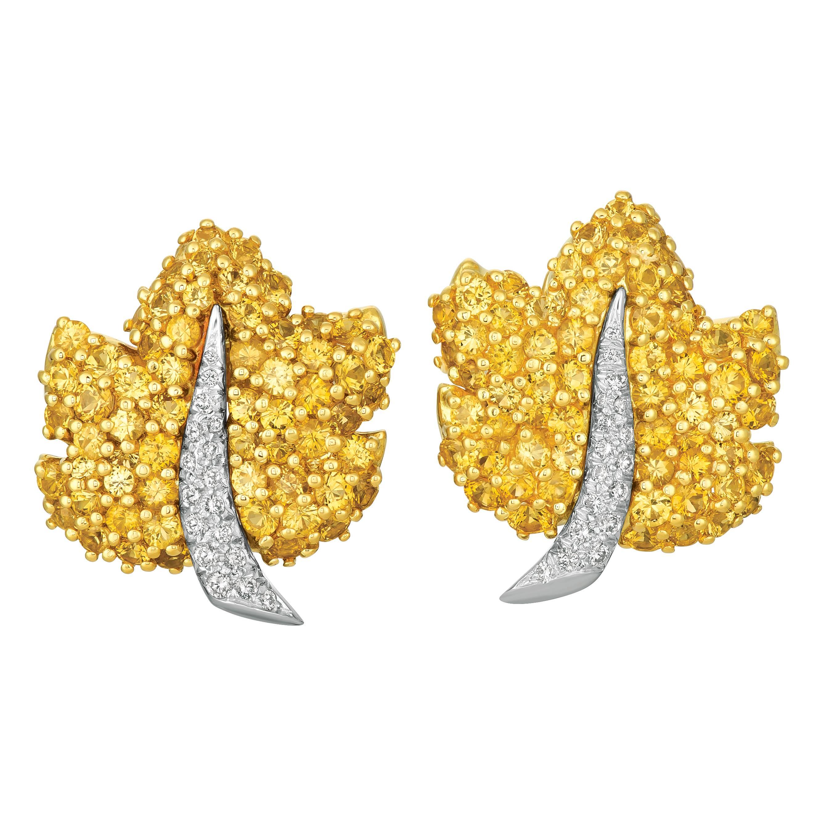 Jean Vitau 18K Yellow Gold & Platinum Yellow Sapphire and Diamond Leaf Earrings For Sale