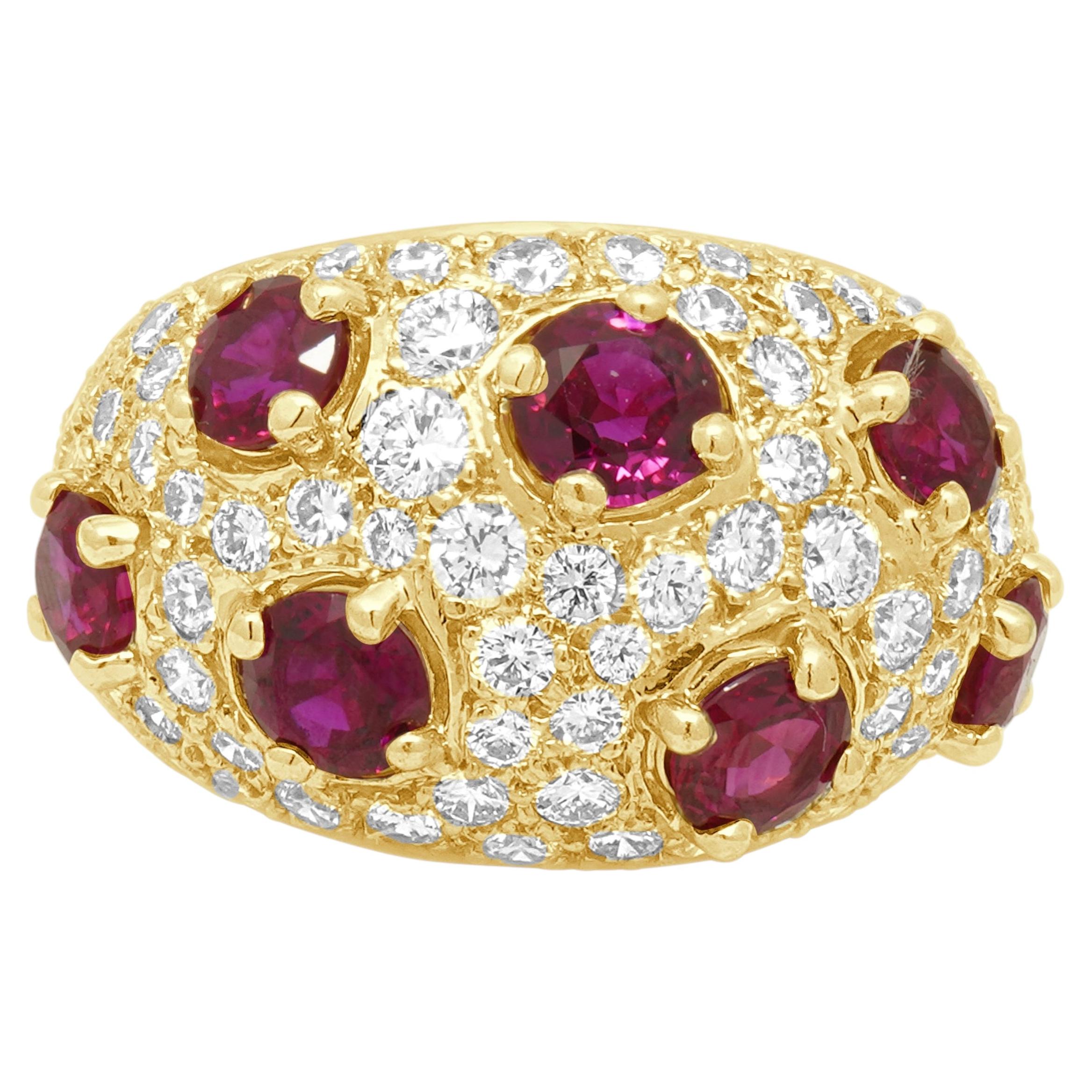Jean Vitau 18K Yellow Gold Round Ruby and Pave Diamond Dome Ring For Sale