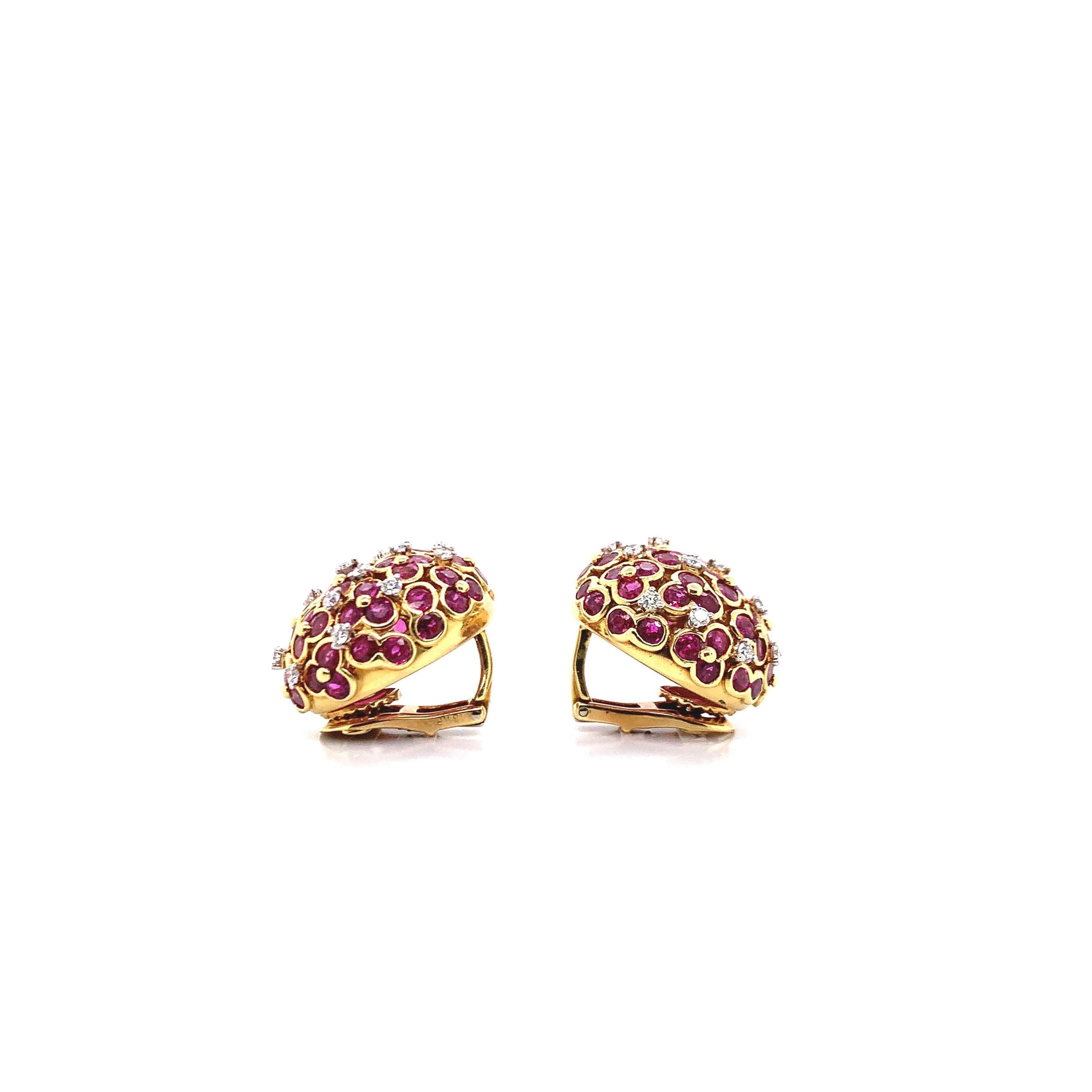 Jean Vitau 18k Yellow Gold Ruby & Diamond Earrings In Excellent Condition For Sale In New York, NY