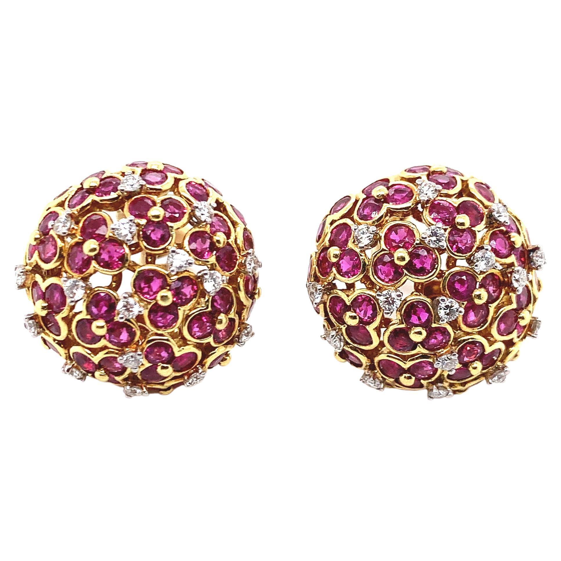 Jean Vitau 18k Yellow Gold Ruby & Diamond Earrings For Sale