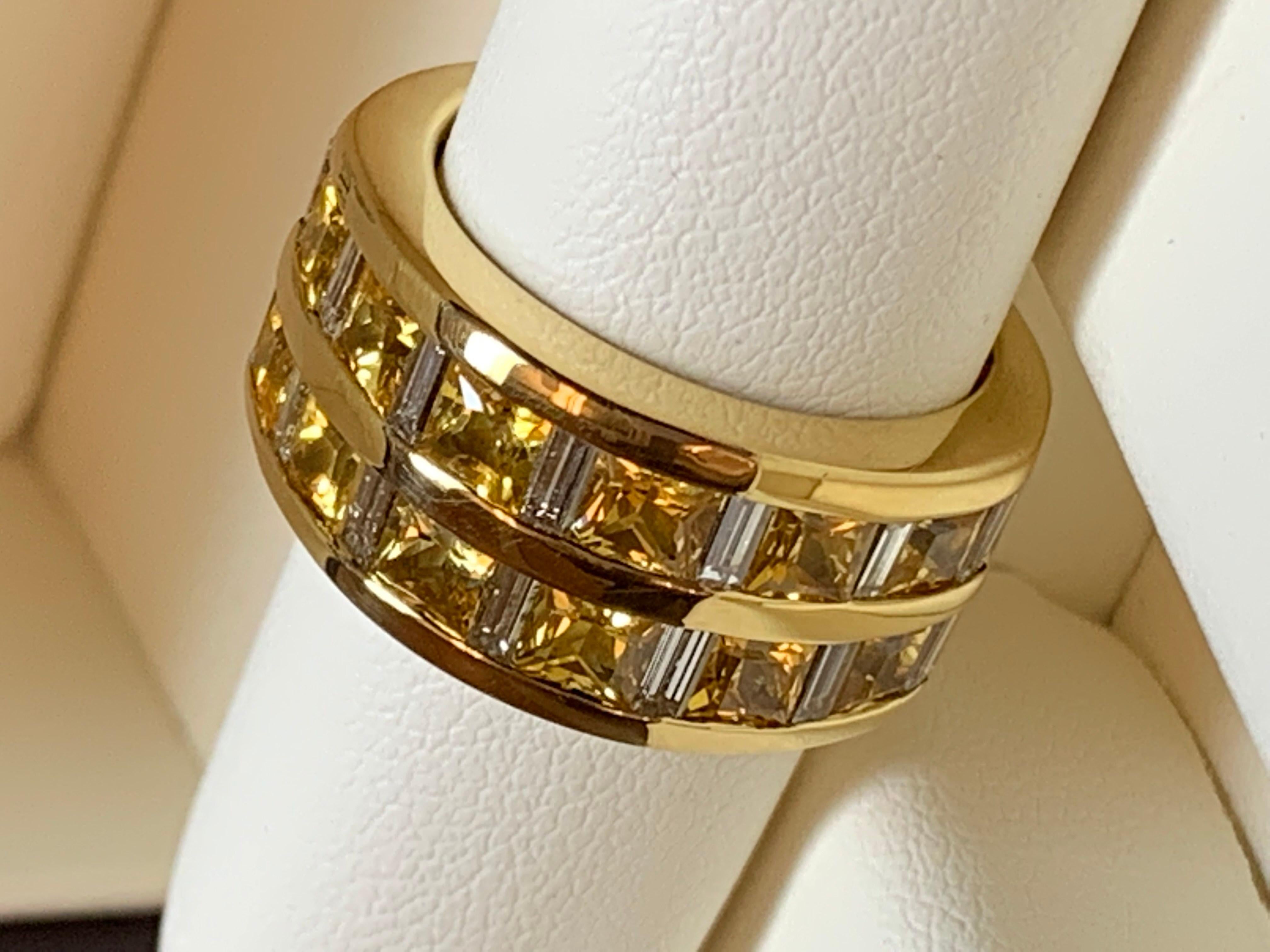 This very unique ring combines 2.96 carats of Princess cut gem quality Yellow Sapphires and .85 carats of Baguette cut white Diamonds set in 18 karat yellow gold. We make this ring as a one row ring as well in many color combinations, and can be