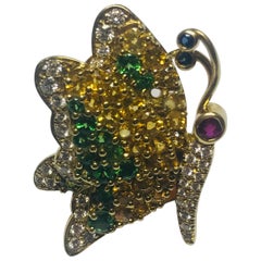 Jean Vitau 18 Karat Yellow Sapphire, Tsavorite Garnet & Diamond Butterfly Brooch