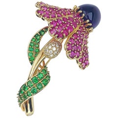 Jean Vitau 18KT Gold, Gerbera Daisy Diamond, Pink Sapphires and Amethyst Brooch