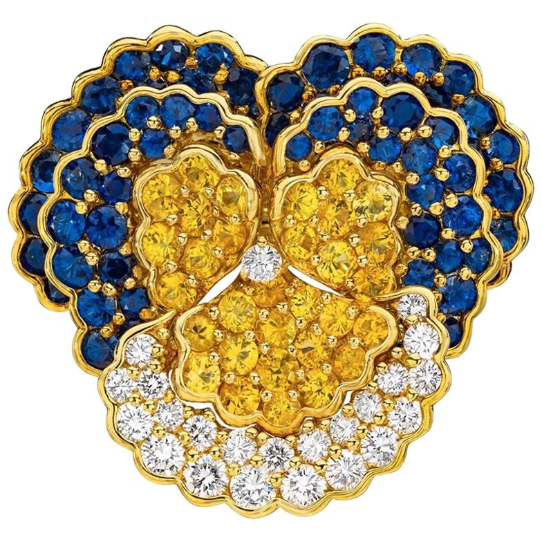 Jean Vitau 18KT Yellow Gold, 14.50 Carat Sapphire and Diamond Large Pansy Brooch For Sale