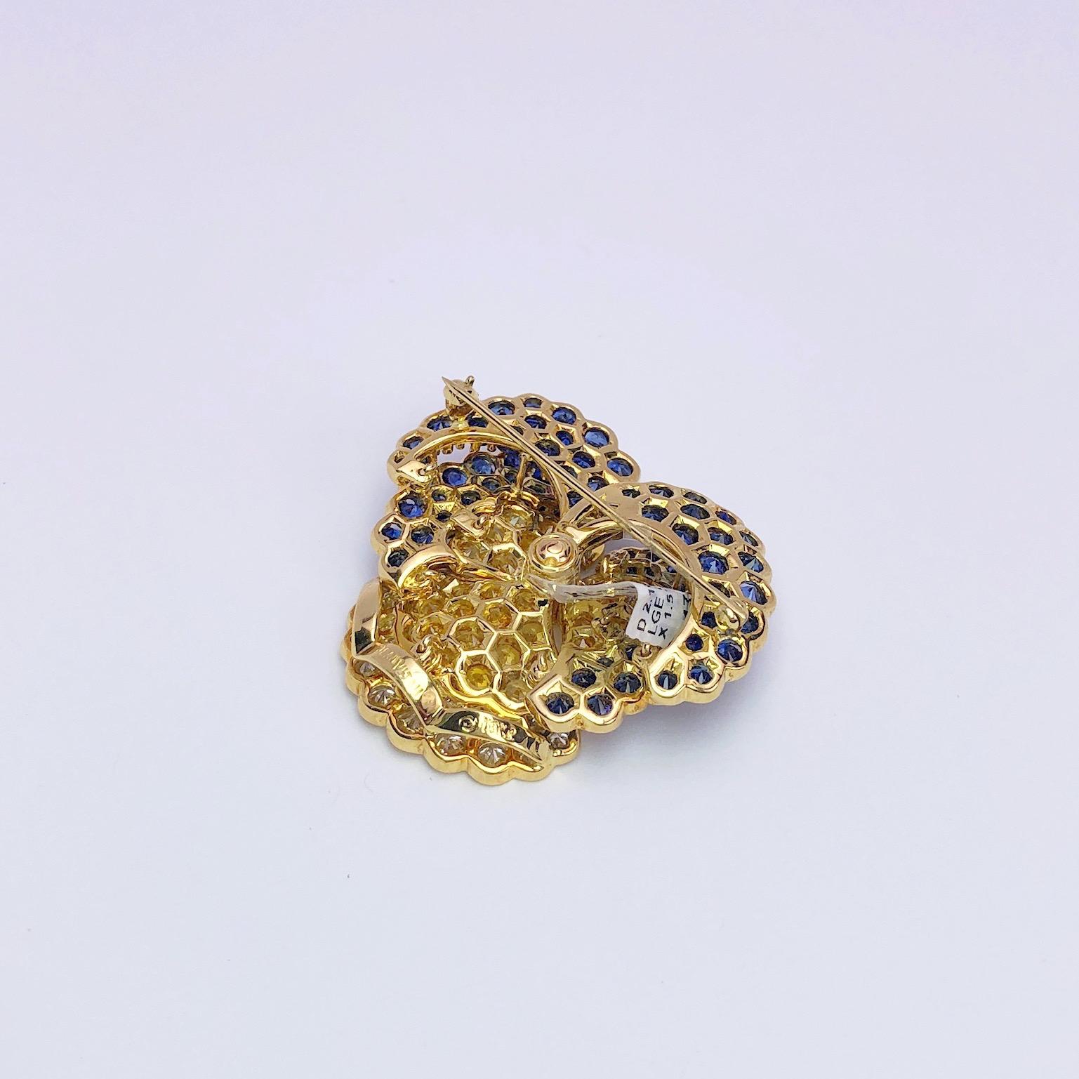 Jean Vitau 18KT Yellow Gold, 14.50 Carat Sapphire and Diamond Large Pansy Brooch For Sale 2