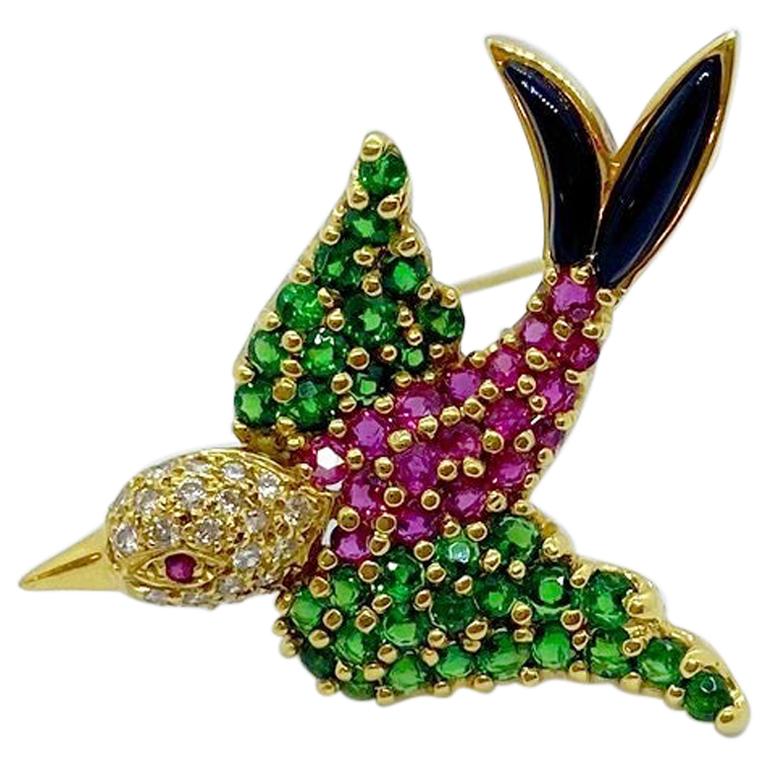 Jean Vitau 18KT Yellow Gold Bird Brooch with .19 Carat Diamonds and Gemstones For Sale