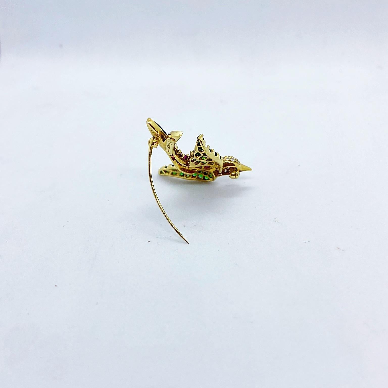 Contemporary Jean Vitau 18KT Yellow Gold Bird Brooch with .19 Carat Diamonds and Gemstones For Sale