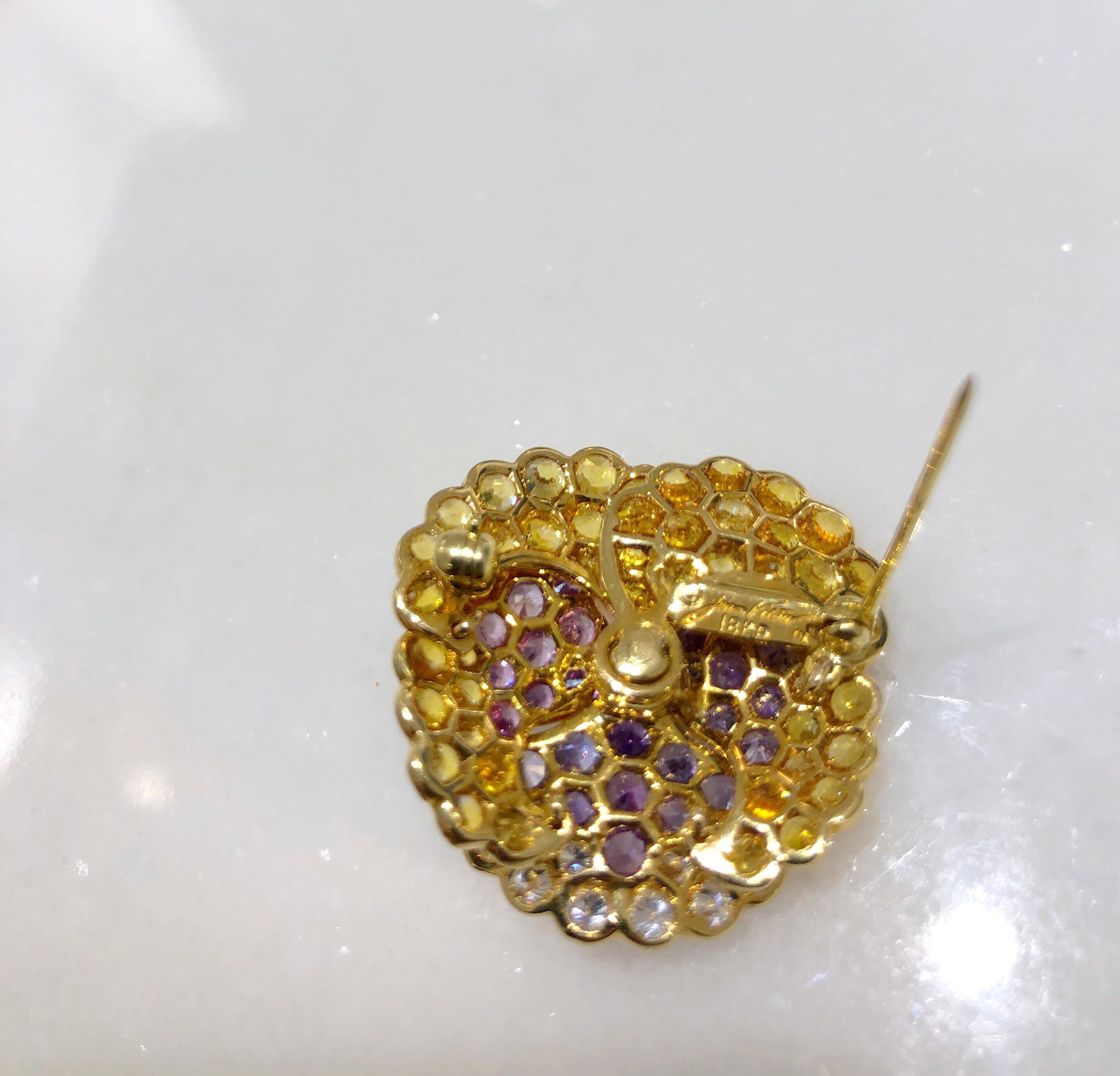 Contemporary Jean Vitau 18 Karat Yellow Gold, Diamond and Colored Sapphires Pansy Brooch For Sale