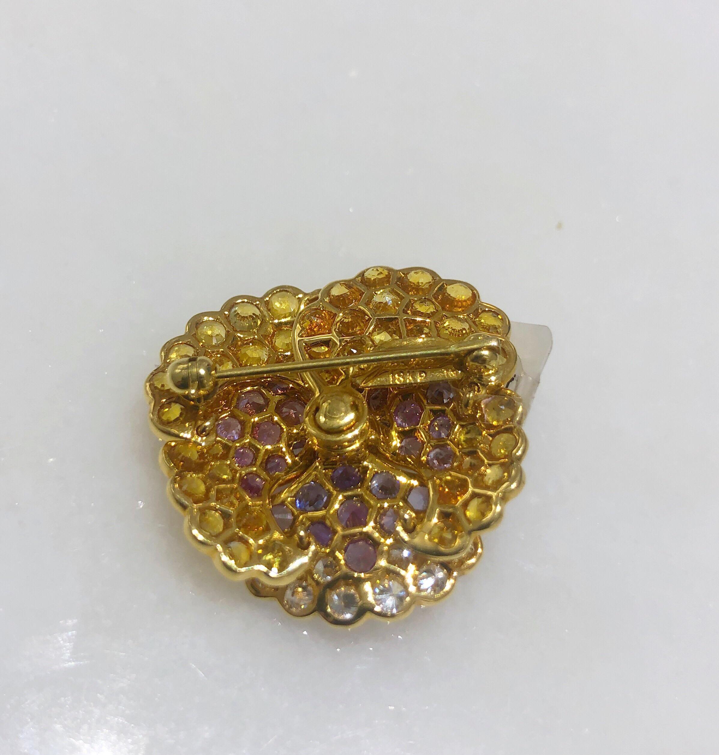 Round Cut Jean Vitau 18 Karat Yellow Gold, Diamond and Colored Sapphires Pansy Brooch For Sale