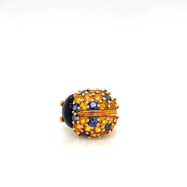 Designed by the famed French designer Jean Vitau for Gemveto. Jean Vitau was a pioneer jewelry designer . He was known for patenting the Gemlok setting ,a secure and snag proof way of setting diamonds and colored stones.
This lovely little ladybug