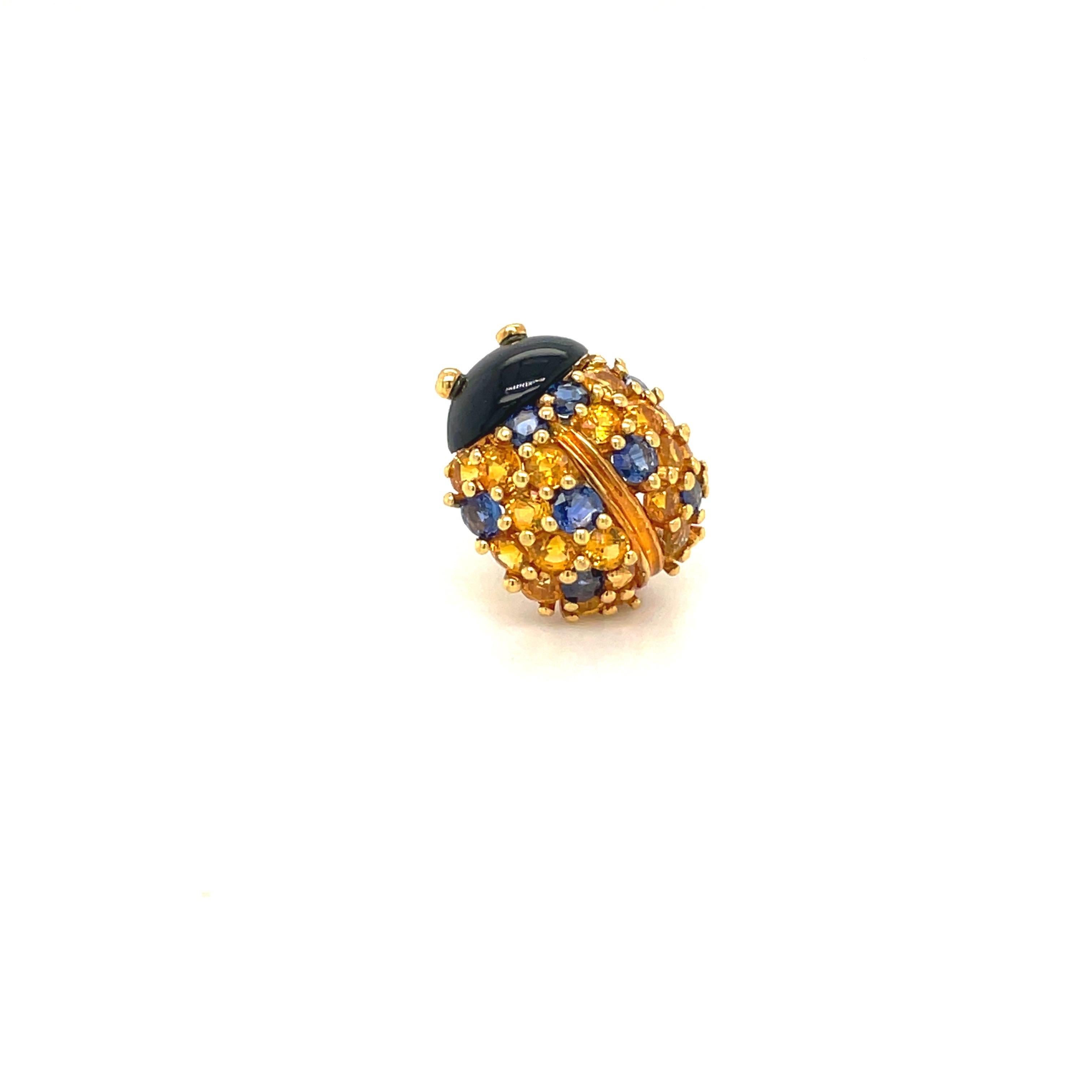 Contemporary Jean Vitau 18 Karat Yellow Gold Ladybug Brooch with Blue and Yellow Sapphires For Sale