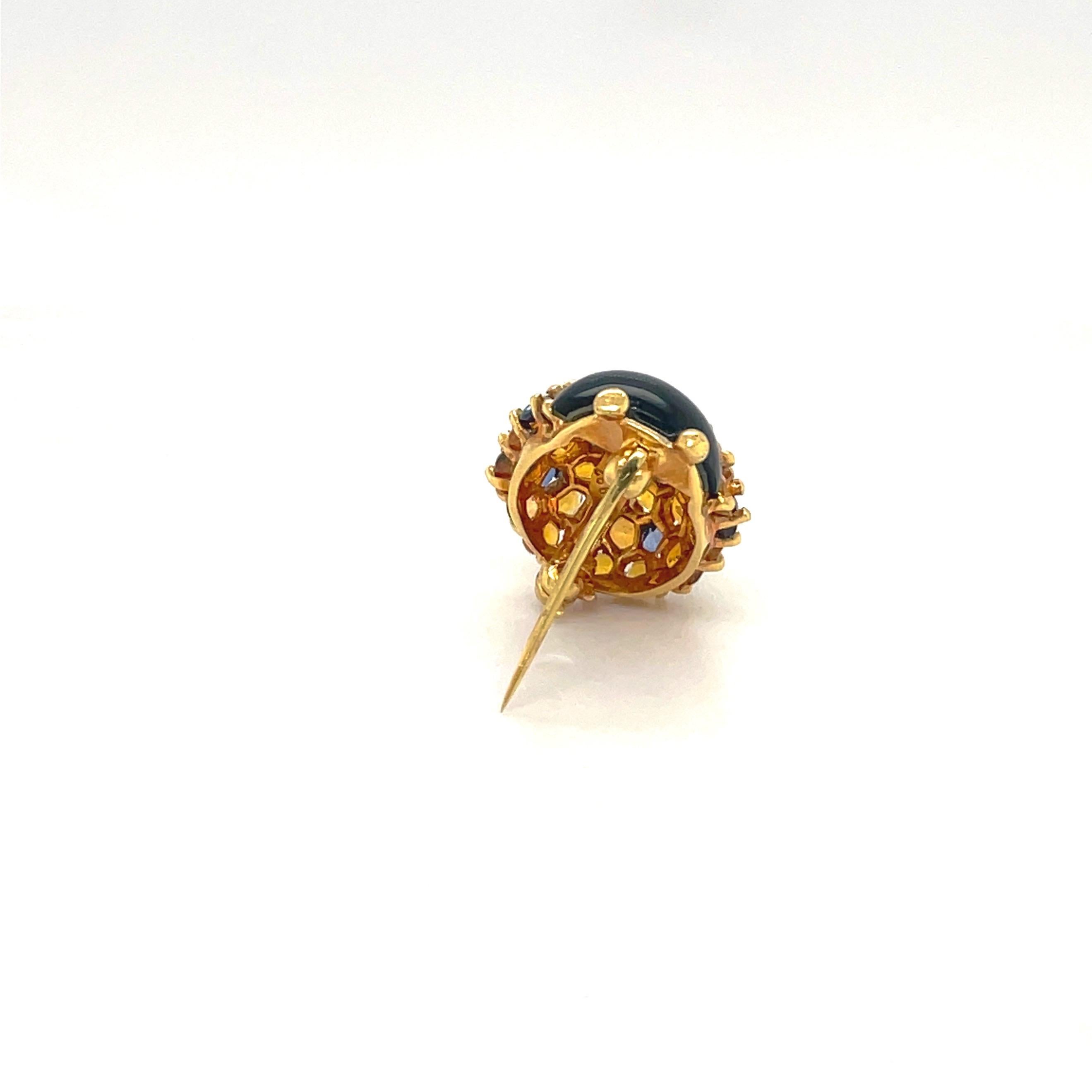 Round Cut Jean Vitau 18 Karat Yellow Gold Ladybug Brooch with Blue and Yellow Sapphires For Sale