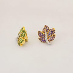 Jean Vitau 18 Karat Gold Lavender Sapphire, Tsavorite and Diamond Leaf Earrings