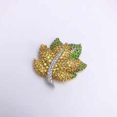 Jean Vitau 18KT Yellow Gold Leaf Brooch, Diamonds, Yellow Sapphire & Tsavorite