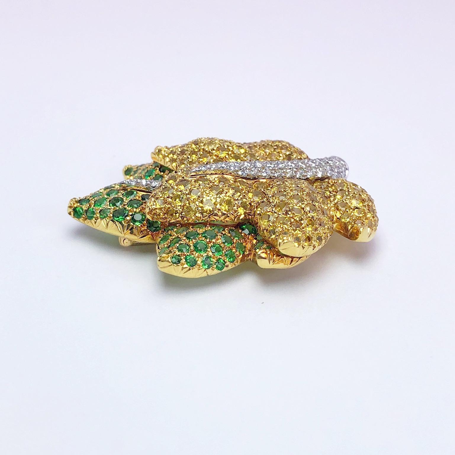 Contemporary Jean Vitau 18KT Yellow Gold Leaf Brooch, Diamonds, Yellow Sapphire & Tsavorite For Sale
