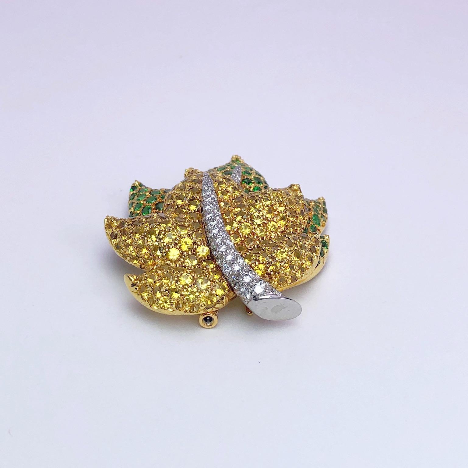 Round Cut Jean Vitau 18KT Yellow Gold Leaf Brooch, Diamonds, Yellow Sapphire & Tsavorite For Sale