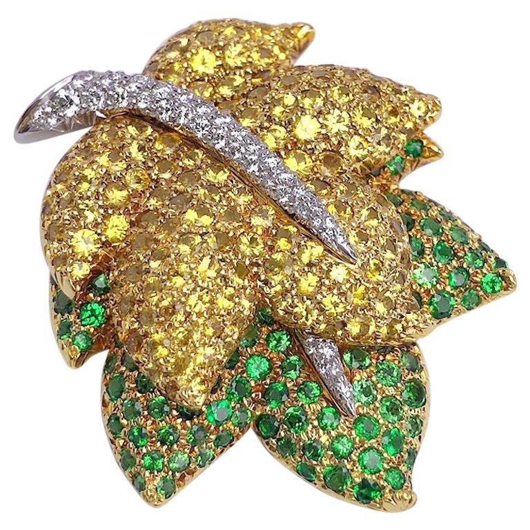 Jean Vitau 18KT Yellow Gold Leaf Brooch, Diamonds, Yellow Sapphire & Tsavorite