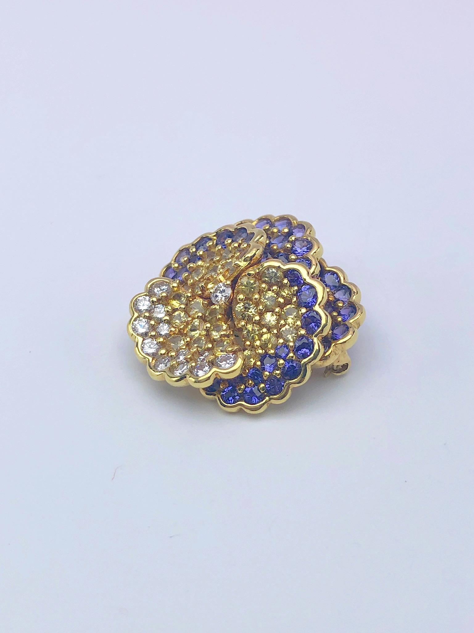 Contemporary Jean Vitau 18 Karat Yellow Gold Pansy Brooch with Diamonds and Colored Sapphires For Sale