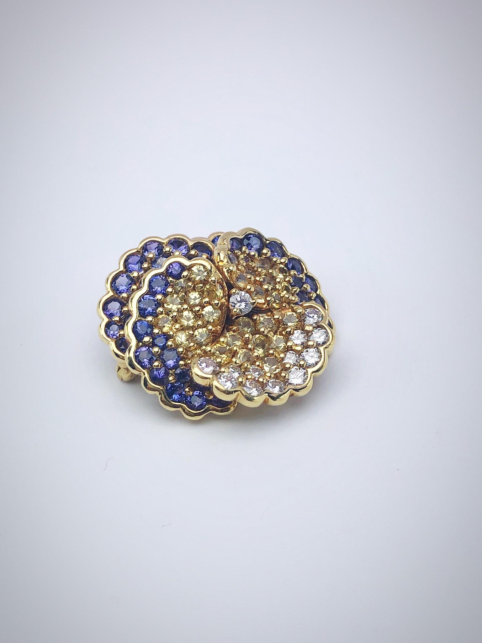 Round Cut Jean Vitau 18 Karat Yellow Gold Pansy Brooch with Diamonds and Colored Sapphires For Sale