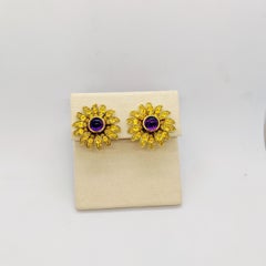 Jean Vitau 18 Karat Yellow Gold Sunflower Earrings Yellow Sapphires and Amethyst