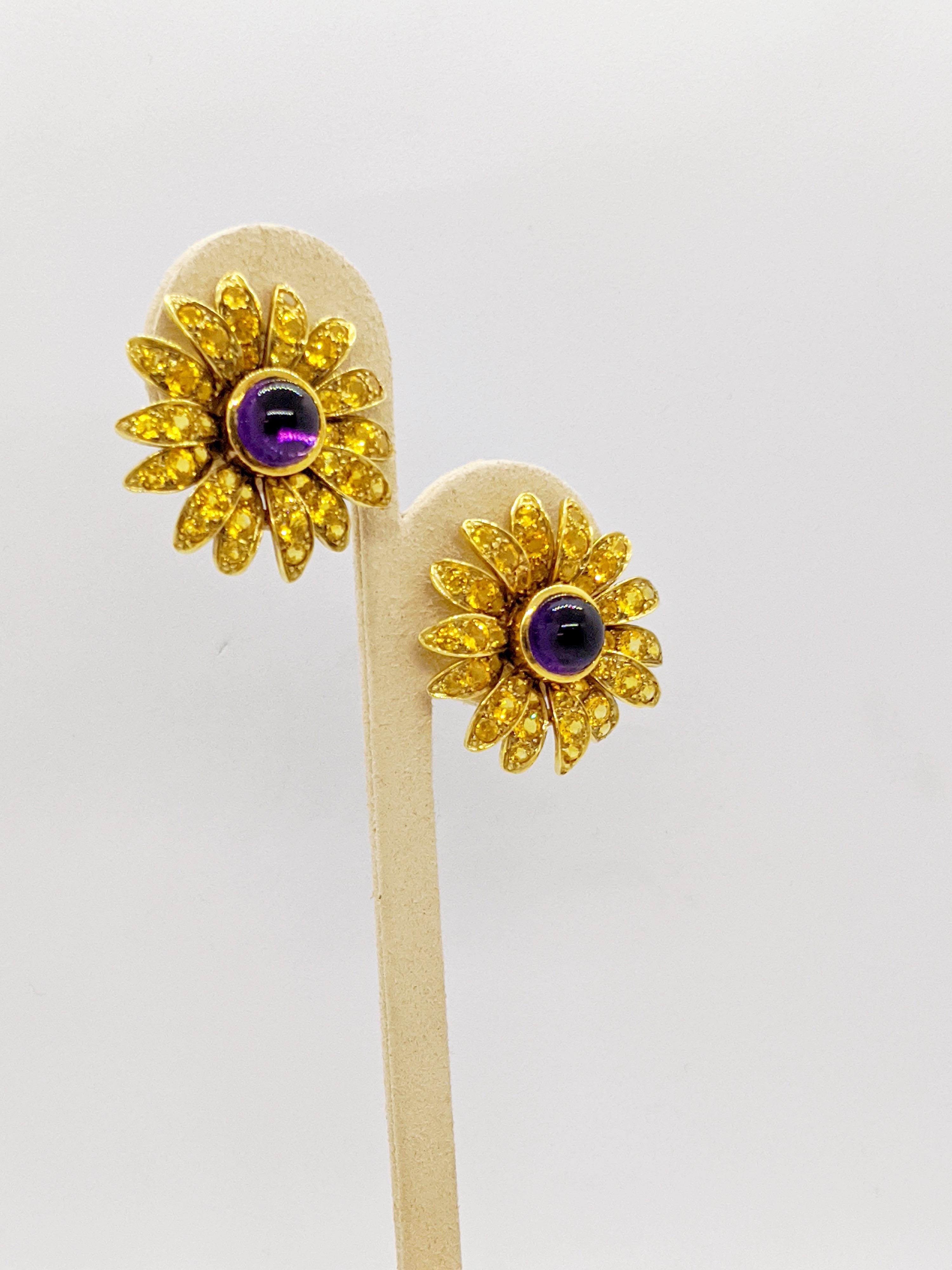 Contemporary Jean Vitau 18 Karat Yellow Gold Sunflower Earrings Yellow Sapphires and Amethyst For Sale
