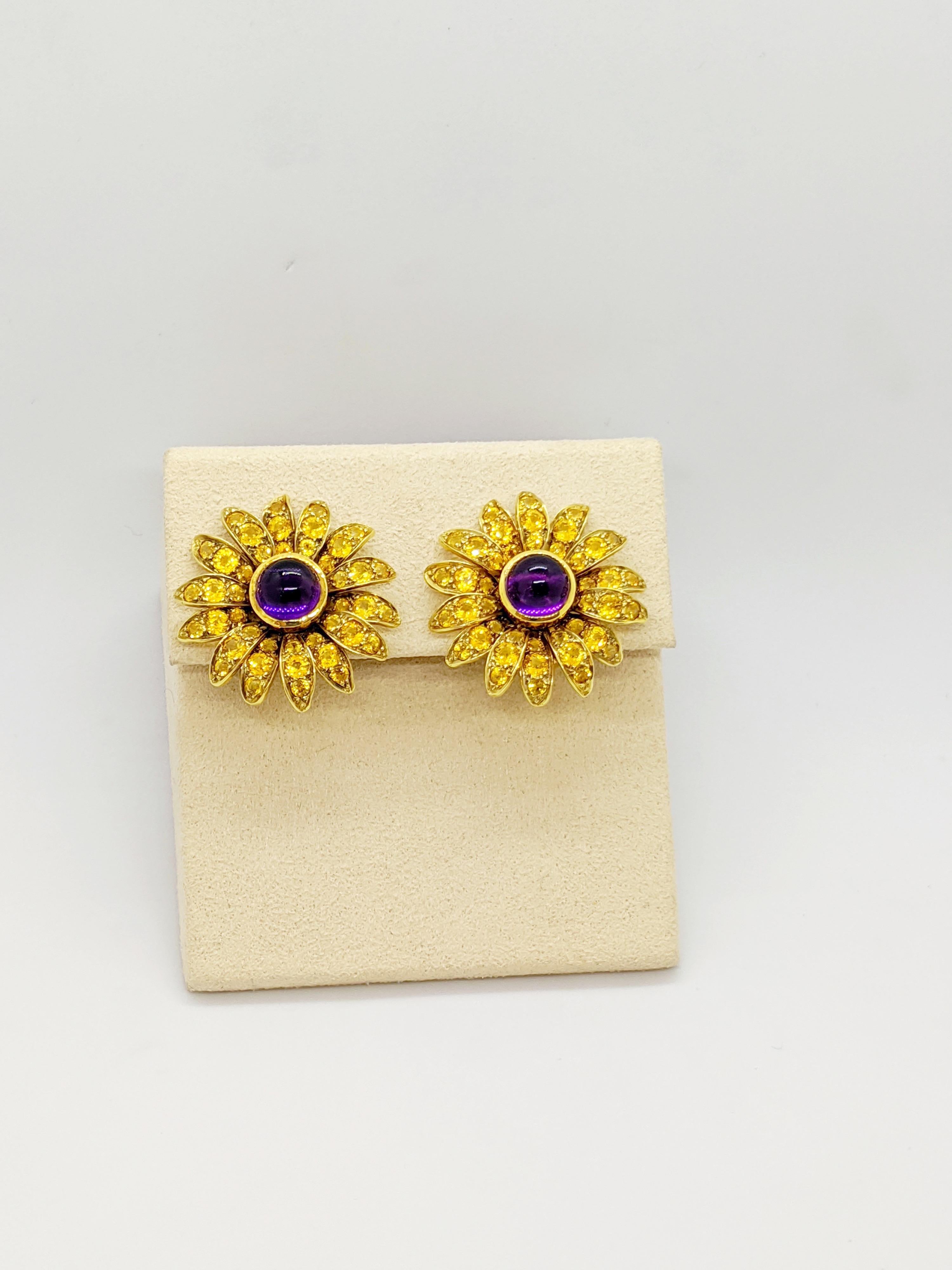 Contemporary Jean Vitau 18 Karat Yellow Gold Sunflower Earrings Yellow Sapphires and Amethyst For Sale
