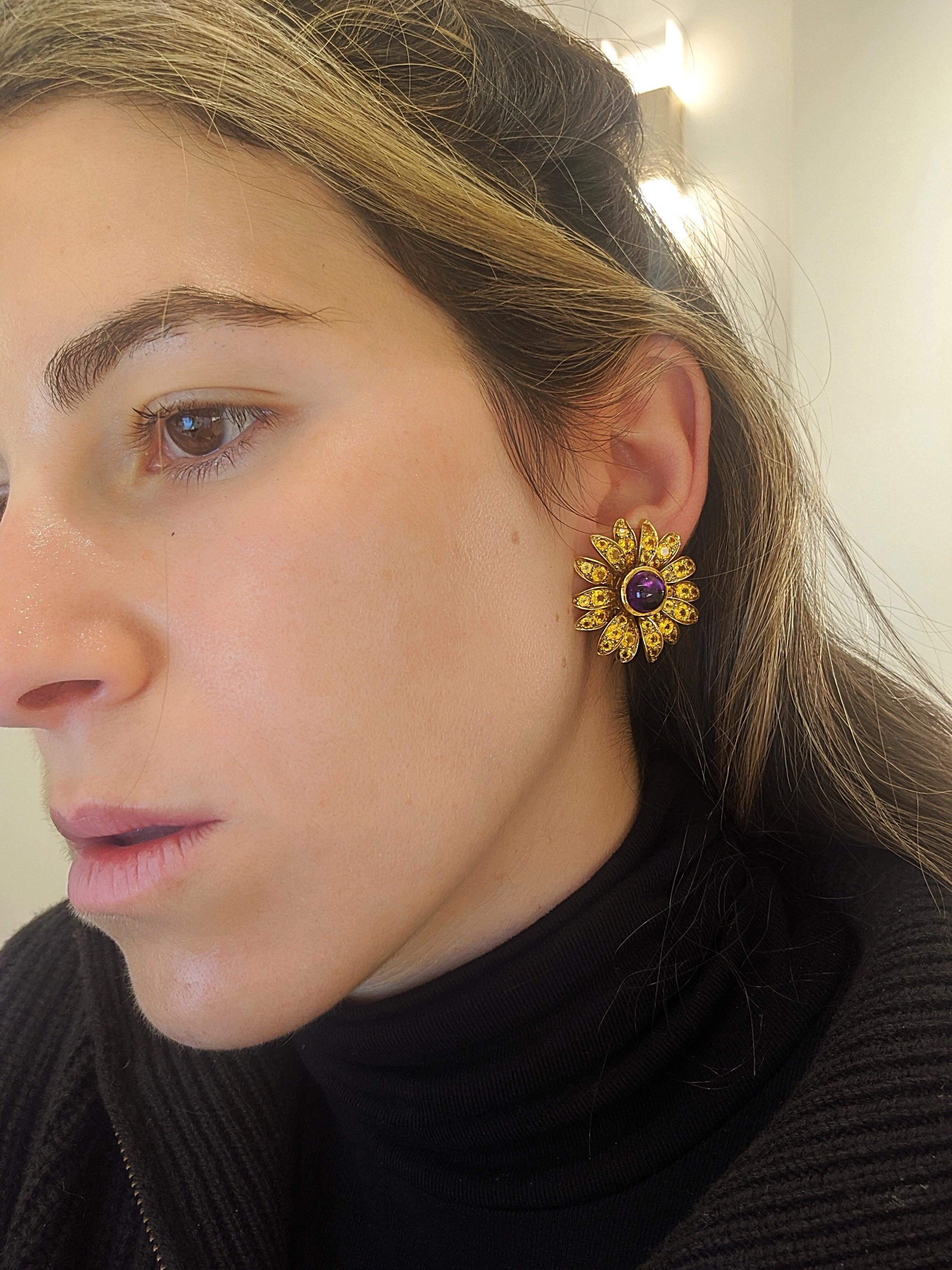 Round Cut Jean Vitau 18 Karat Yellow Gold Sunflower Earrings Yellow Sapphires and Amethyst For Sale