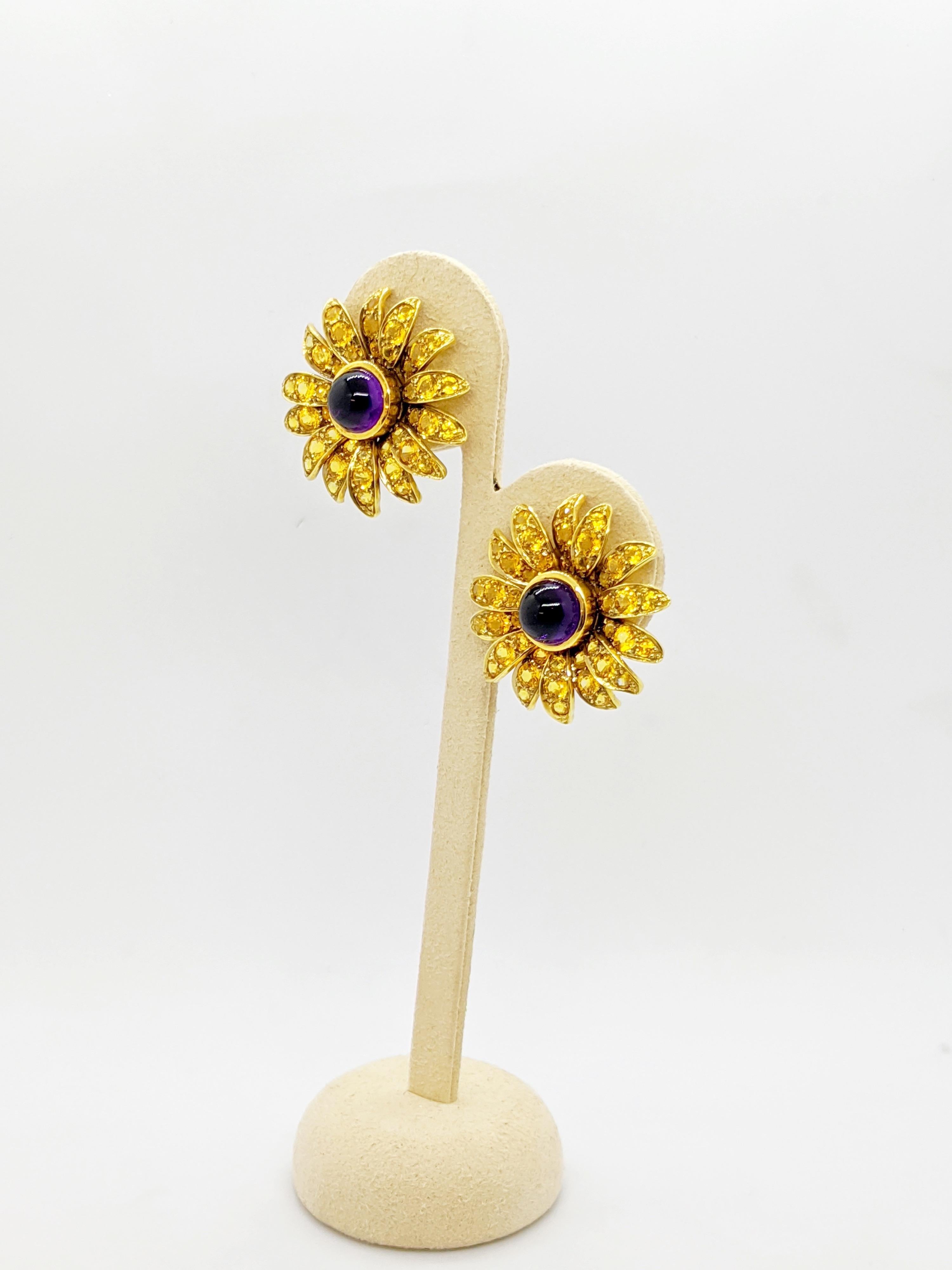 Women's or Men's Jean Vitau 18 Karat Yellow Gold Sunflower Earrings Yellow Sapphires and Amethyst For Sale